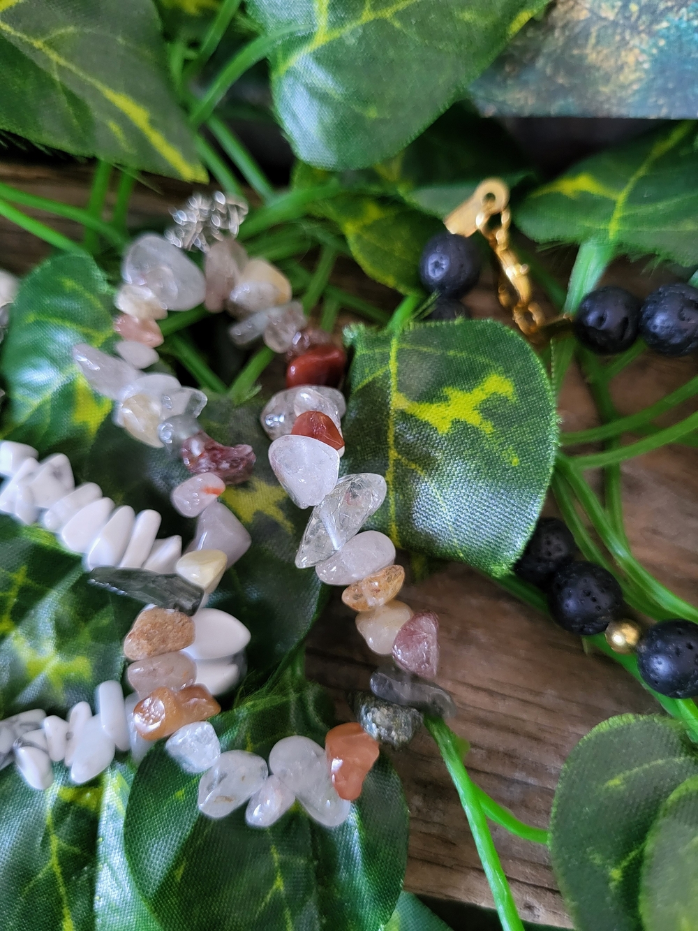 Three Piece Set Of Multicolor Chip Stone,Howlite, And Lava Beaded Bracelet